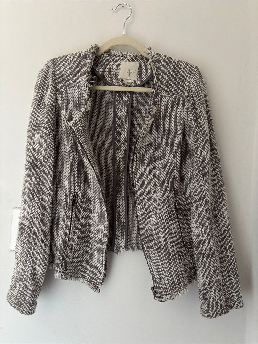 Joie Blazer Cotton Blend Two-Tone Gray Fringe Tweed Zip Up Size Large